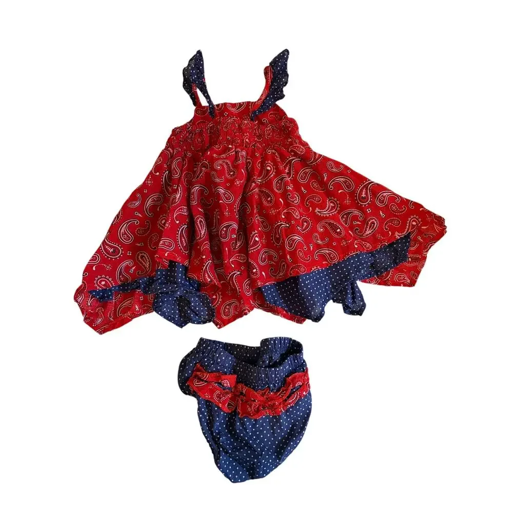 Nannette Baby Bandana 2 Pc Outfit Red Blue Pasiley Print Dress Size 12M Rodeo